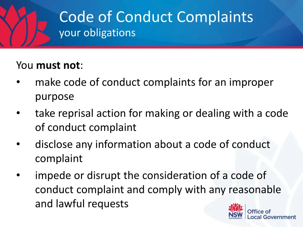 code of conduct complaints your obligations