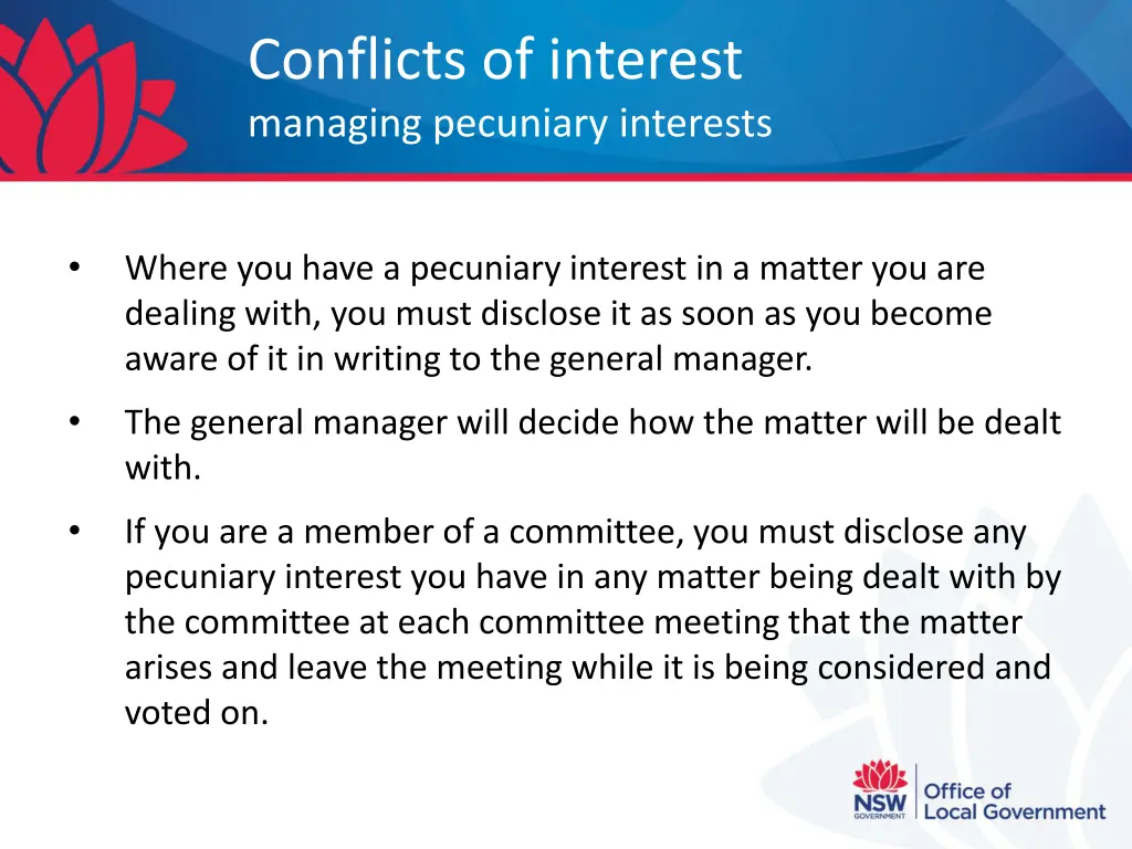 conflicts of interest managing pecuniary interests