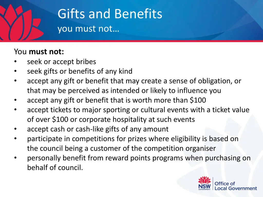 gifts and benefits you must not