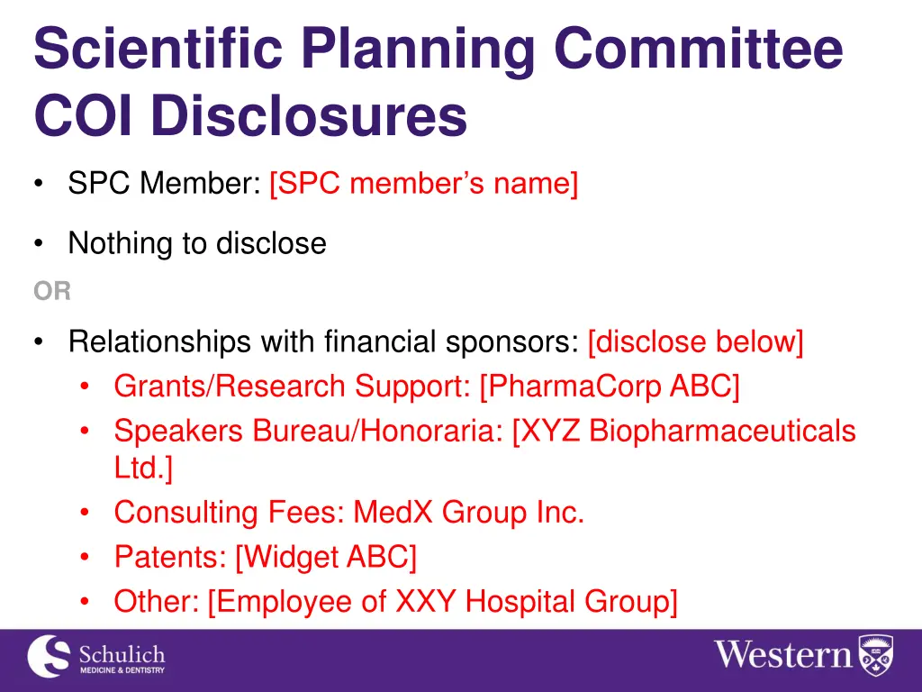 scientific planning committee coi disclosures