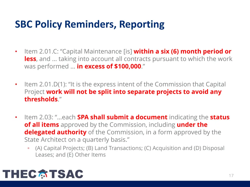 sbc policy reminders reporting