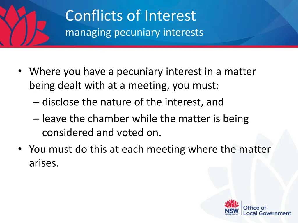 conflicts of interest managing pecuniary interests