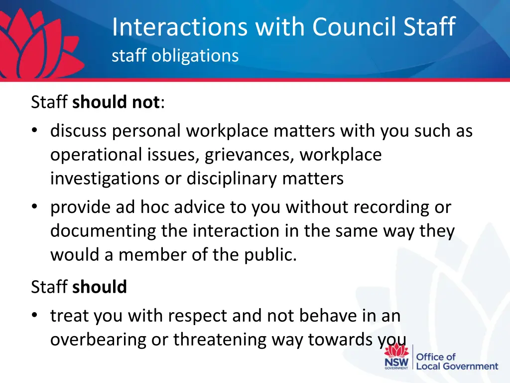 interactions with council staff staff obligations