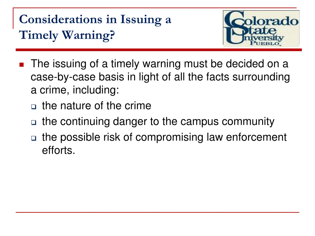 considerations in issuing a timely warning