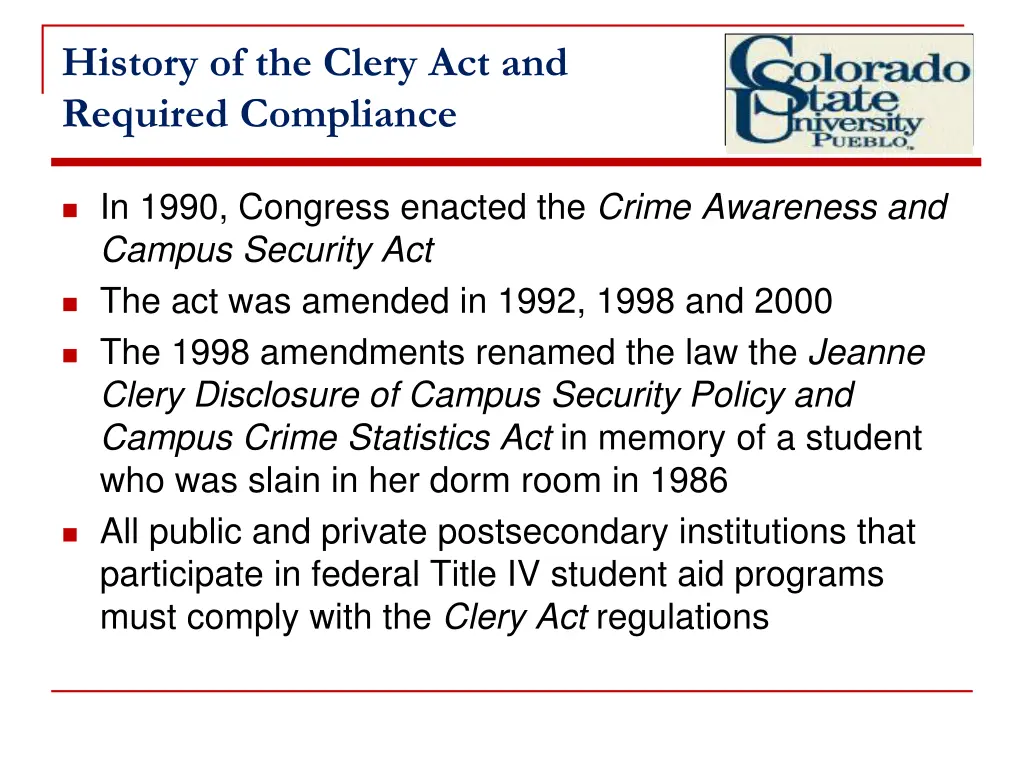 history of the clery act and required compliance