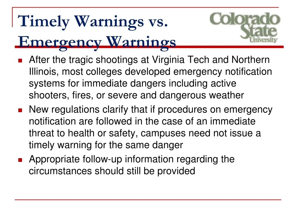 timely warnings vs emergency warnings after