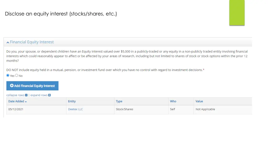 disclose an equity interest stocks shares etc