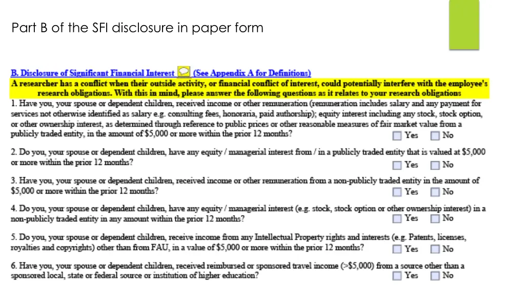 part b of the sfi disclosure in paper form