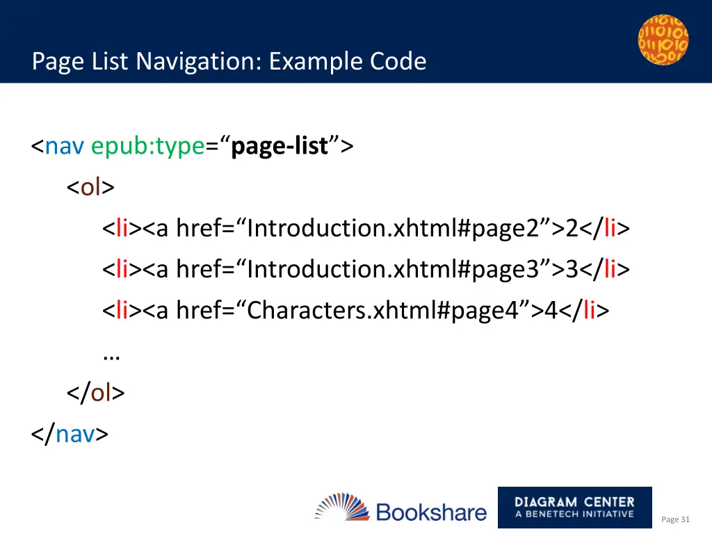 page list navigation example code