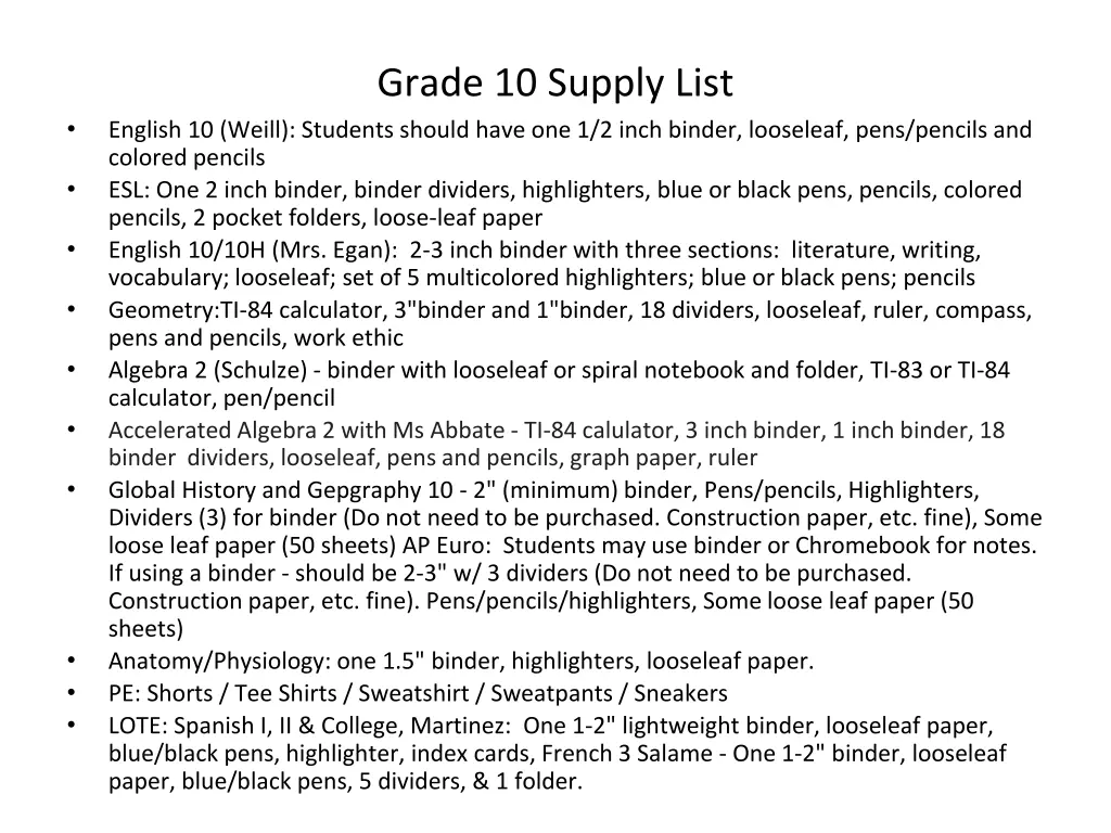 grade 10 supply list