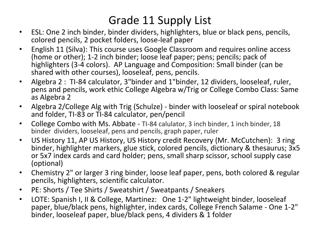 grade 11 supply list