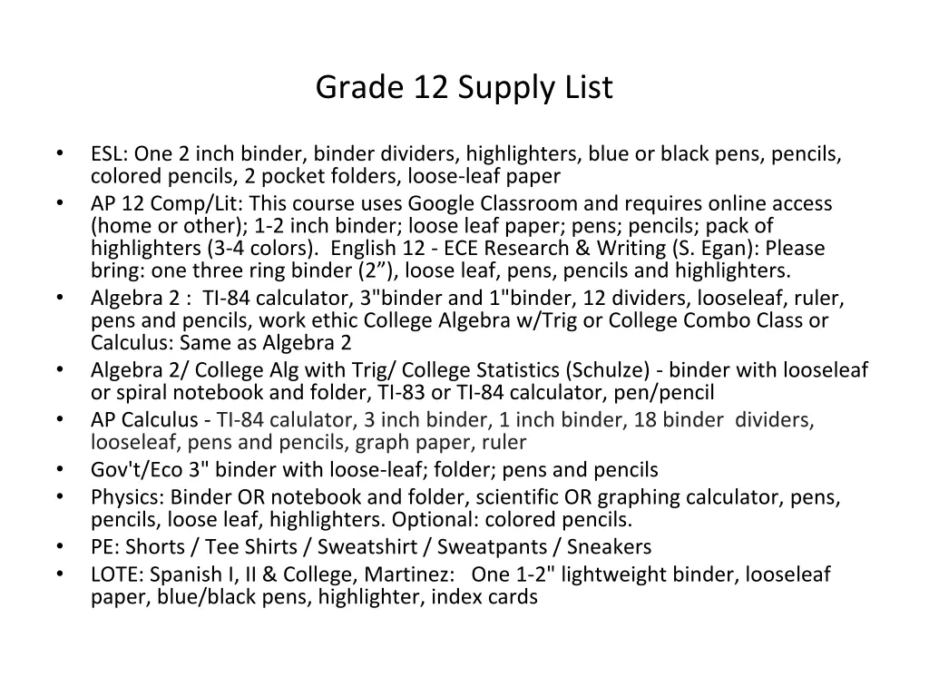 grade 12 supply list