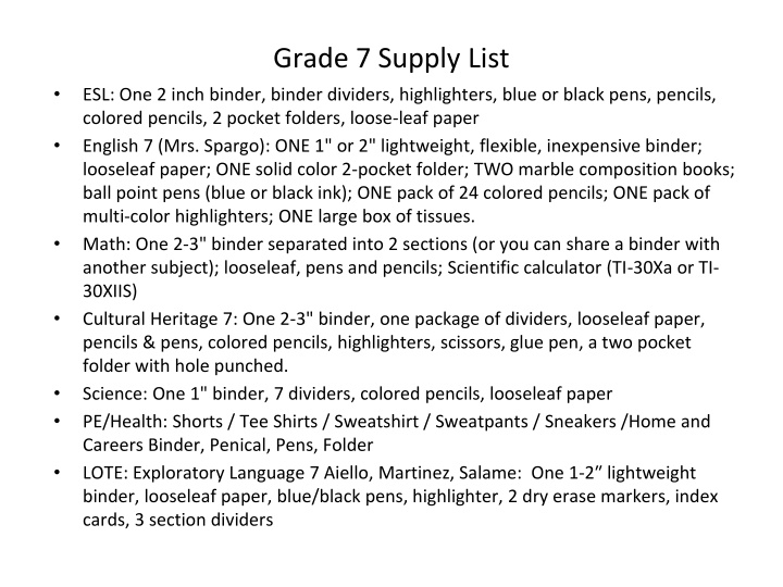 grade 7 supply list