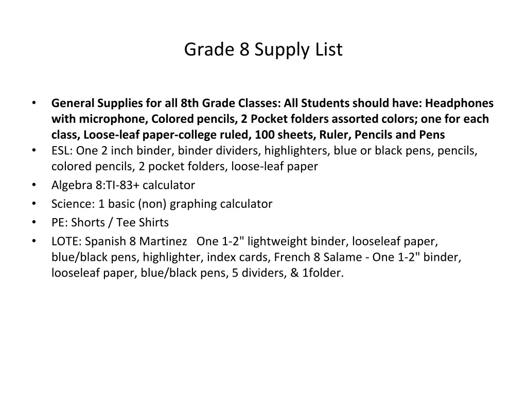 grade 8 supply list