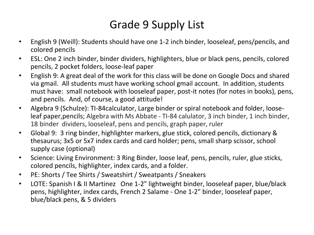 grade 9 supply list