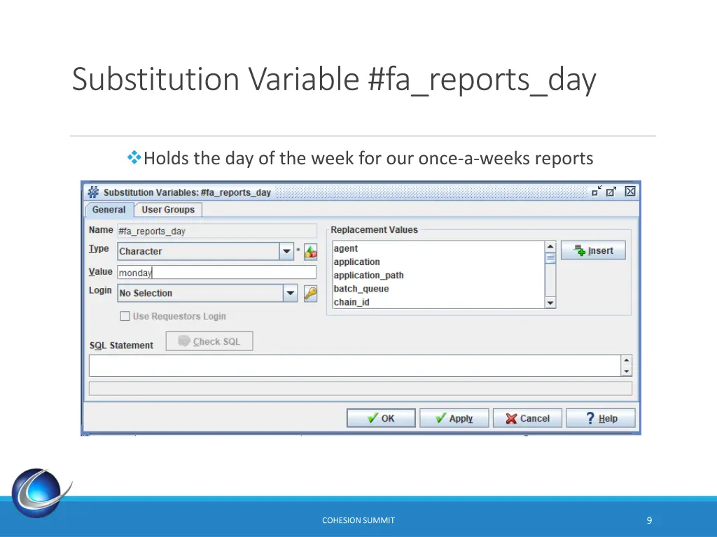 substitution variable fa reports day