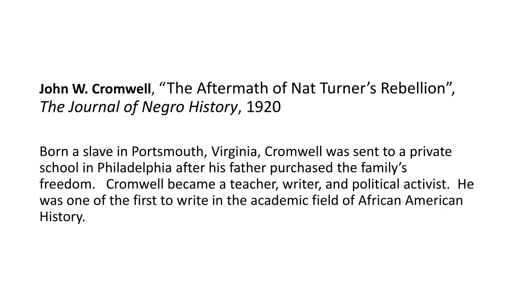 john w cromwell the aftermath of nat turner