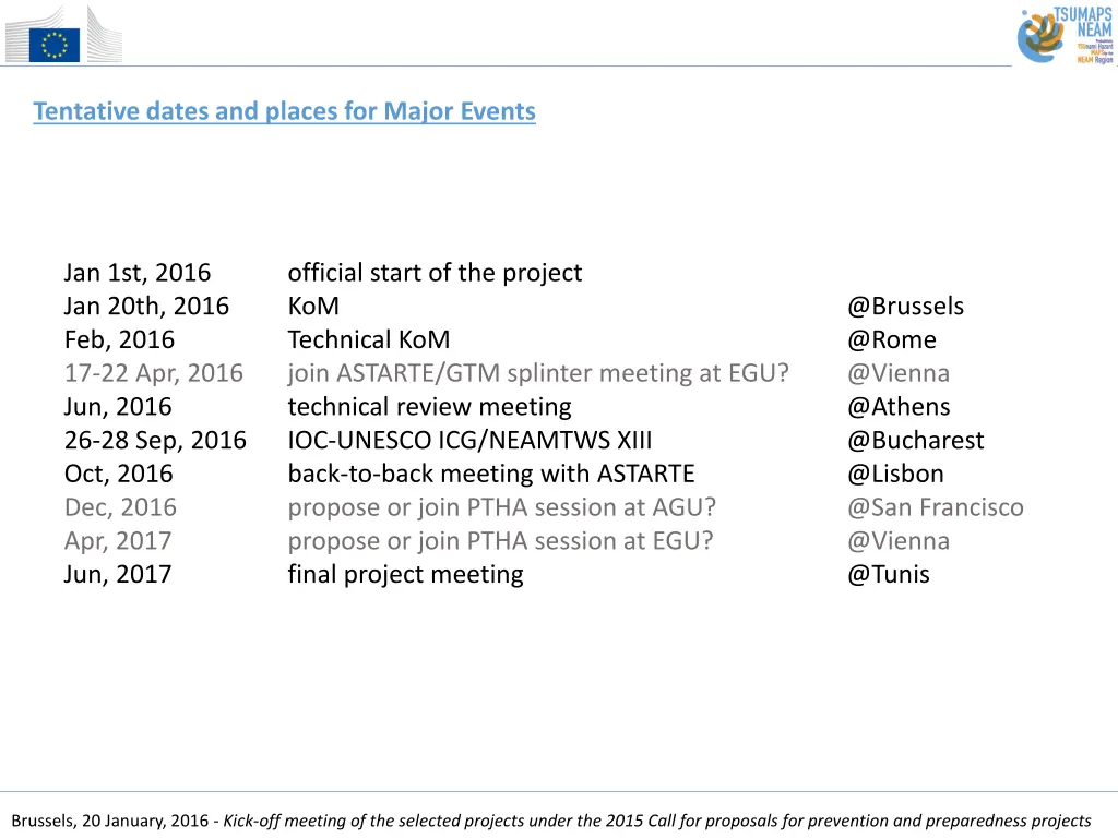 tentative dates and places for major events