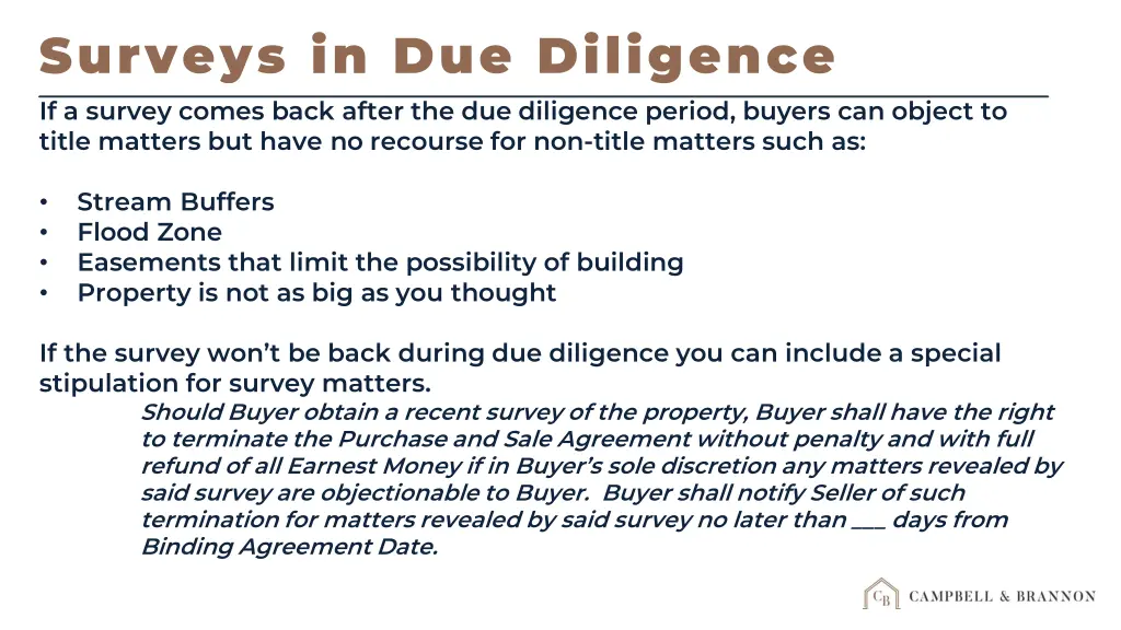 surveys in due diligence if a survey comes back