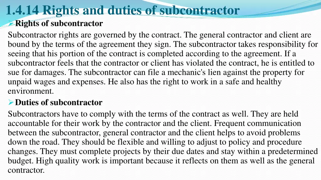 1 4 14 rights and duties of subcontractor rights