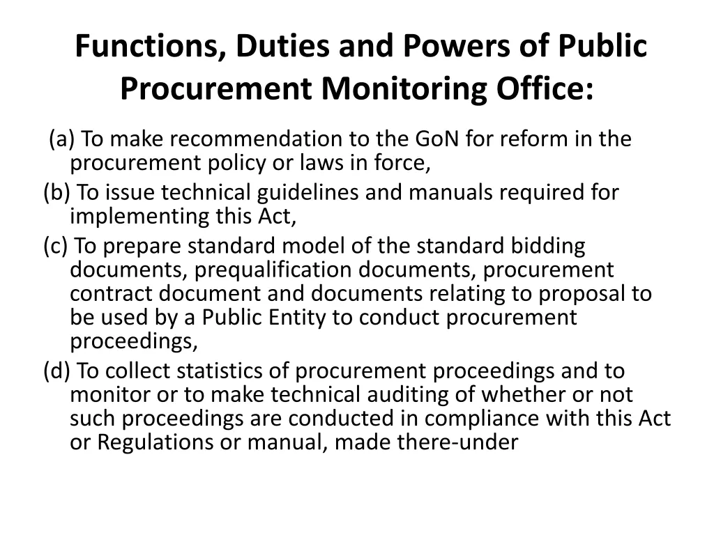 functions duties and powers of public procurement