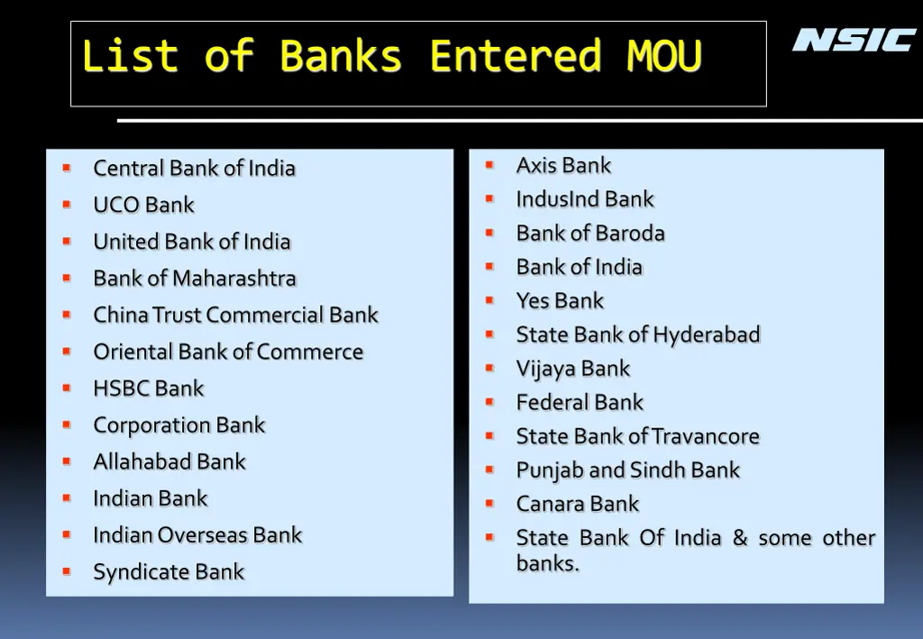 list of banks entered mou