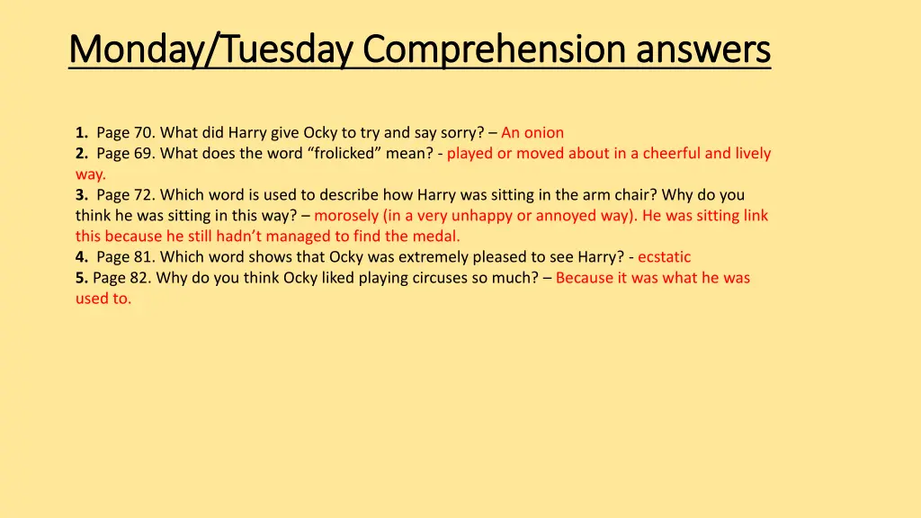 monday tuesday comprehension answers monday