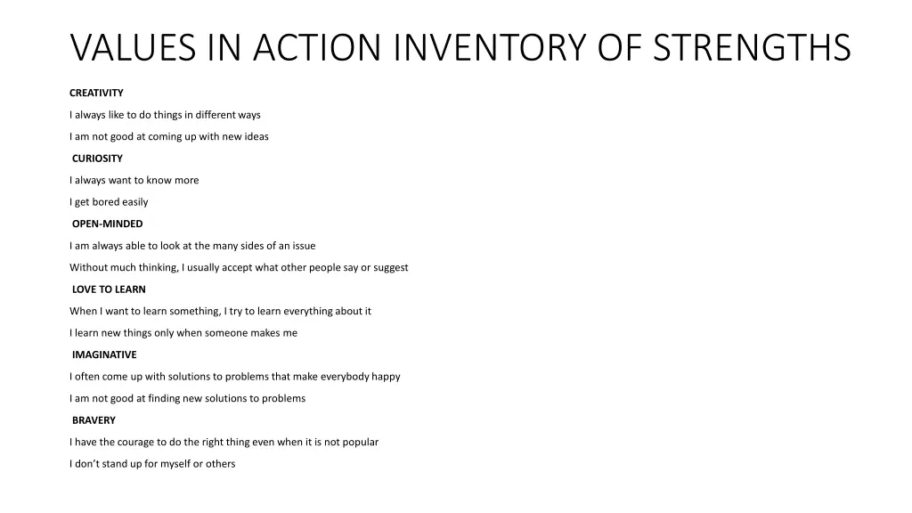 values in action inventory of strengths