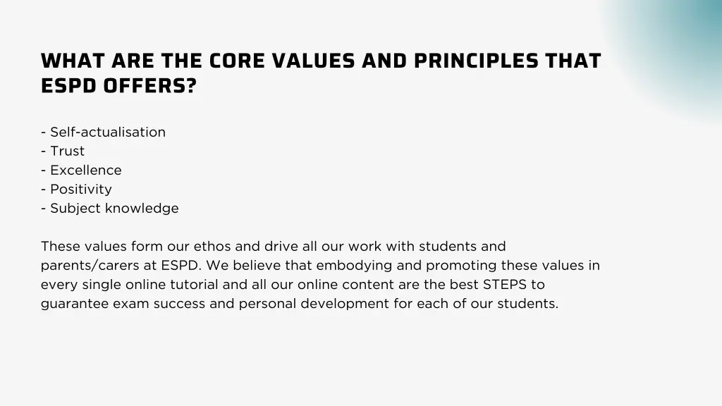 what are the core values and principles that espd