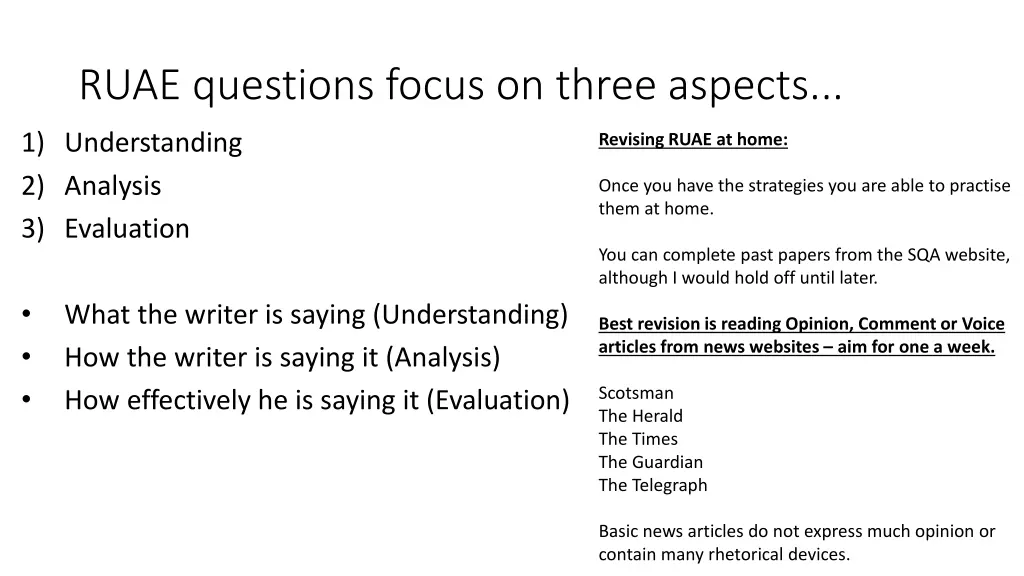 ruae questions focus on three aspects