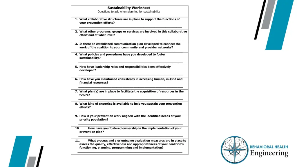 sustainability worksheet questions to ask when