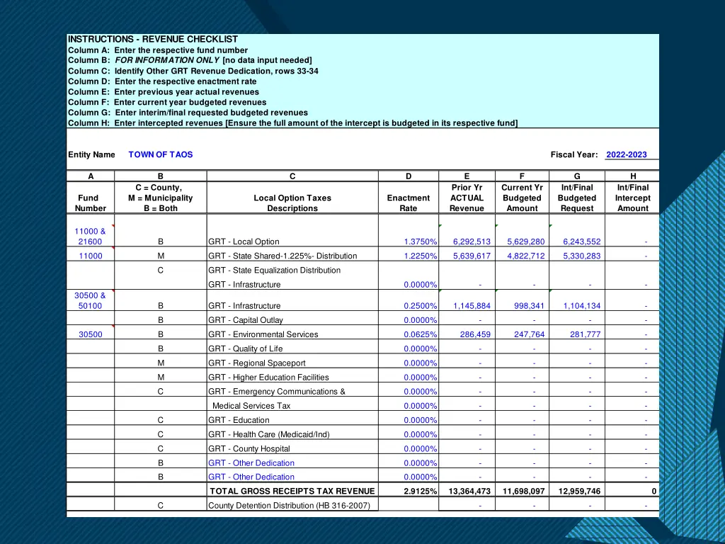 instructions revenue checklist column a enter