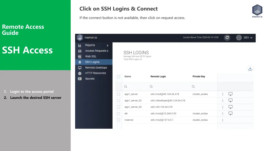 click on ssh logins connect