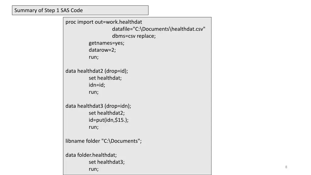 summary of step 1 sas code