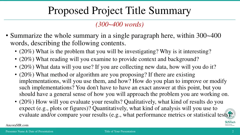 proposed project title summary