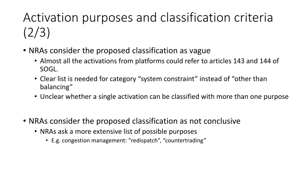 activation purposes and classification criteria 1