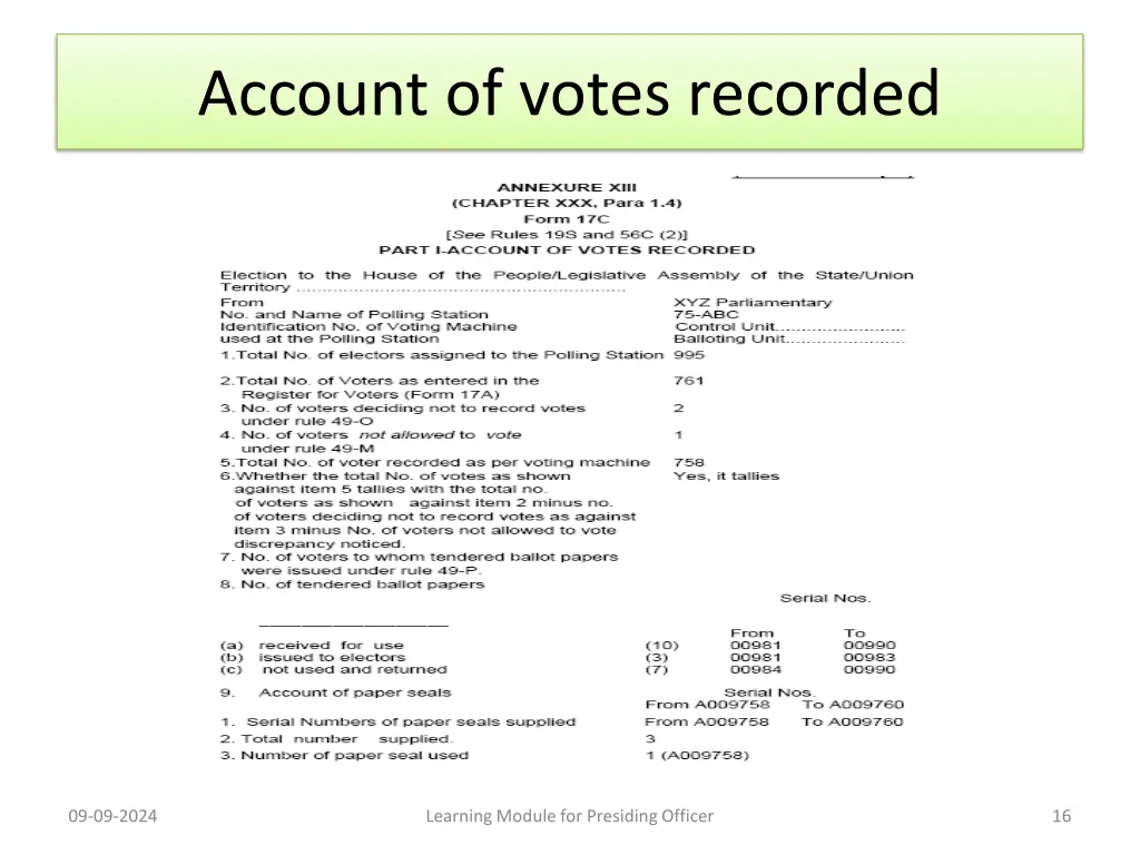 account of votes recorded 1