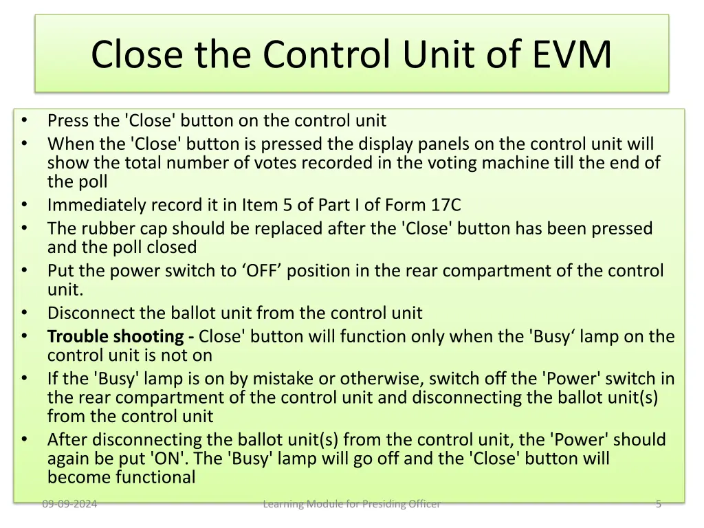 close the control unit of evm