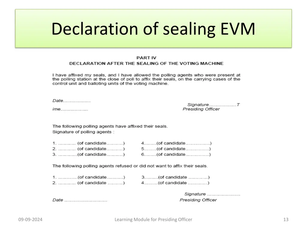 declaration of sealing evm