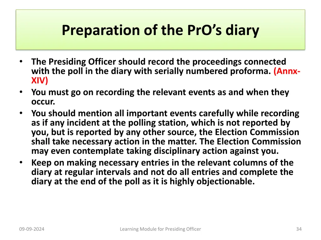 preparation of the pro s diary