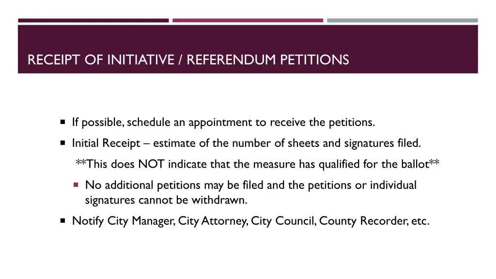 receipt of initiative referendum petitions