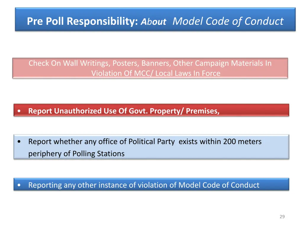 pre poll responsibility a b out model code