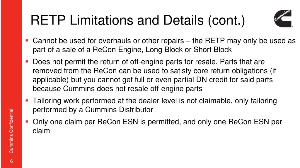 retp limitations and details cont