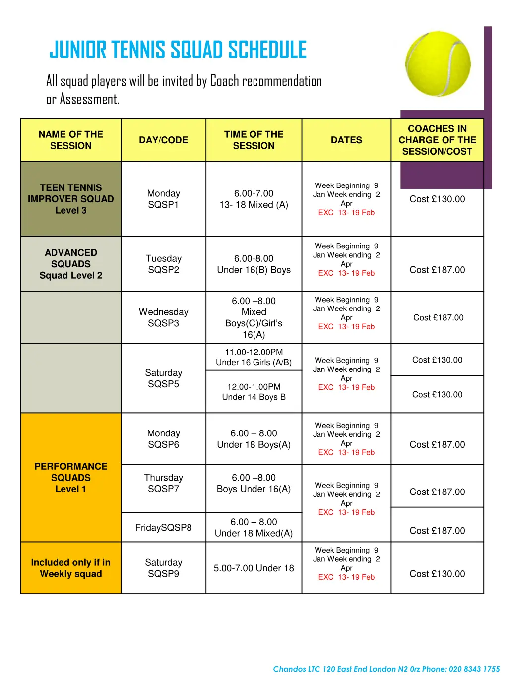 junior tennis squad schedule