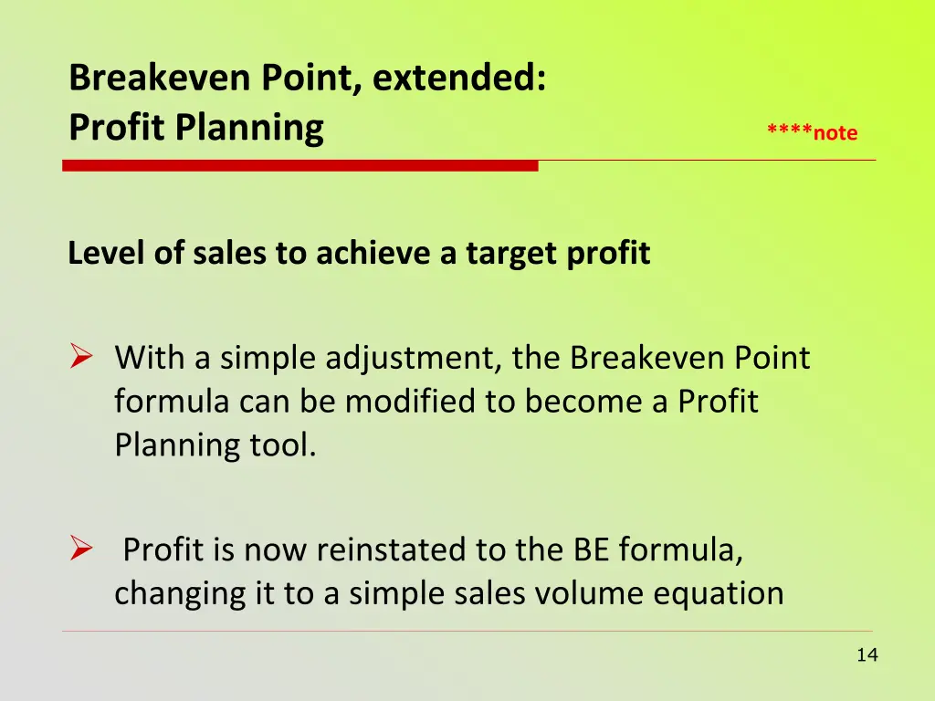 breakeven point extended profit planning note