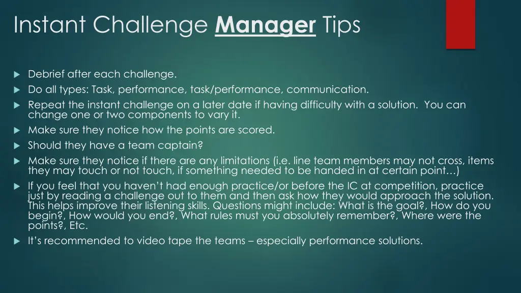 instant challenge manager tips