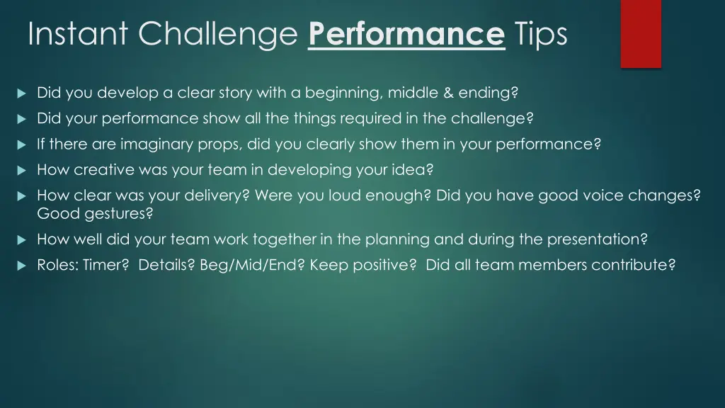 instant challenge performance tips