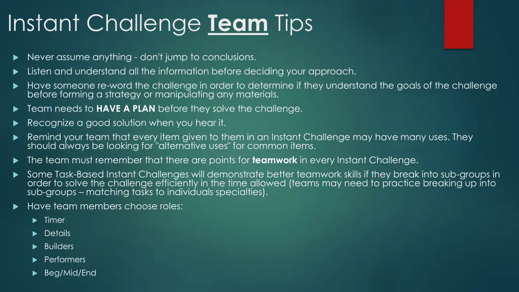 instant challenge team tips