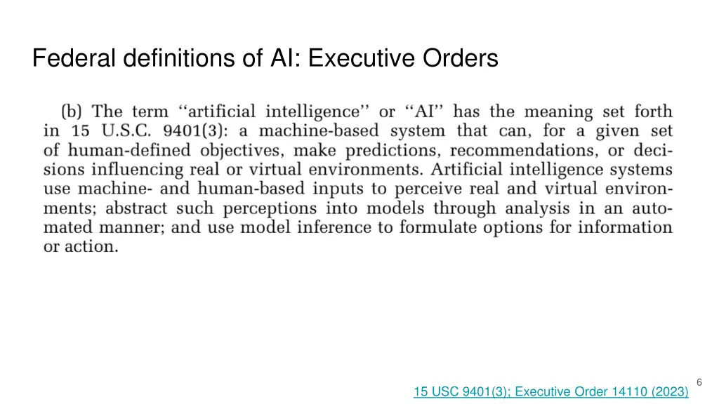 federal definitions of ai executive orders