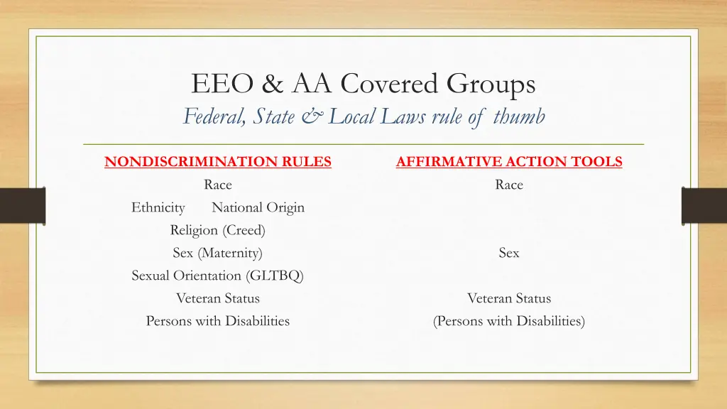 eeo aa covered groups federal state local laws